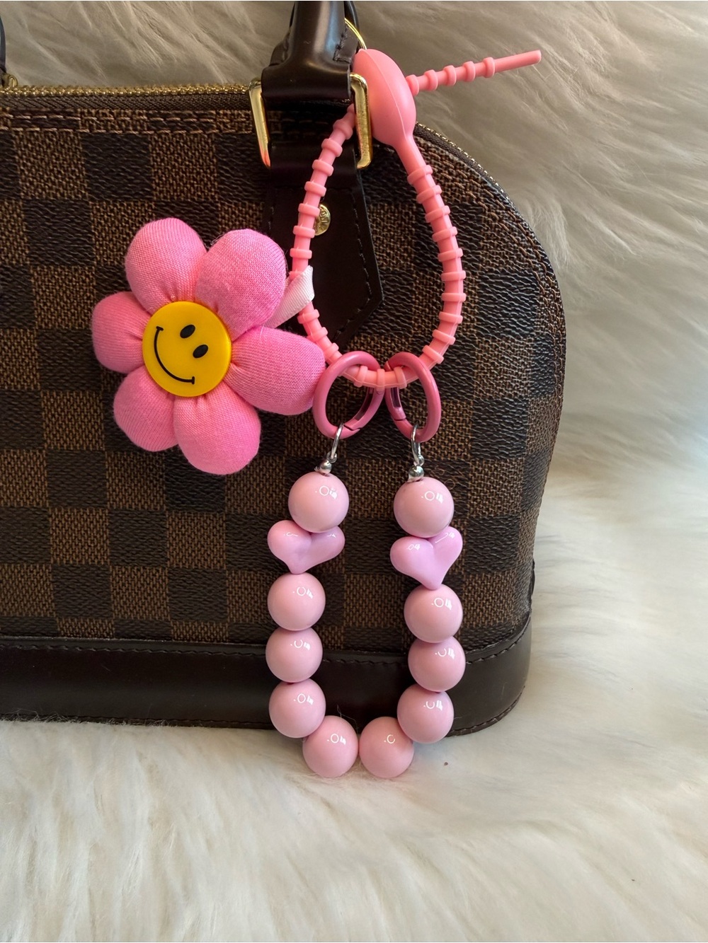 Pink Sunflower keychain Purse Bag charm key fob Beaded strap happy